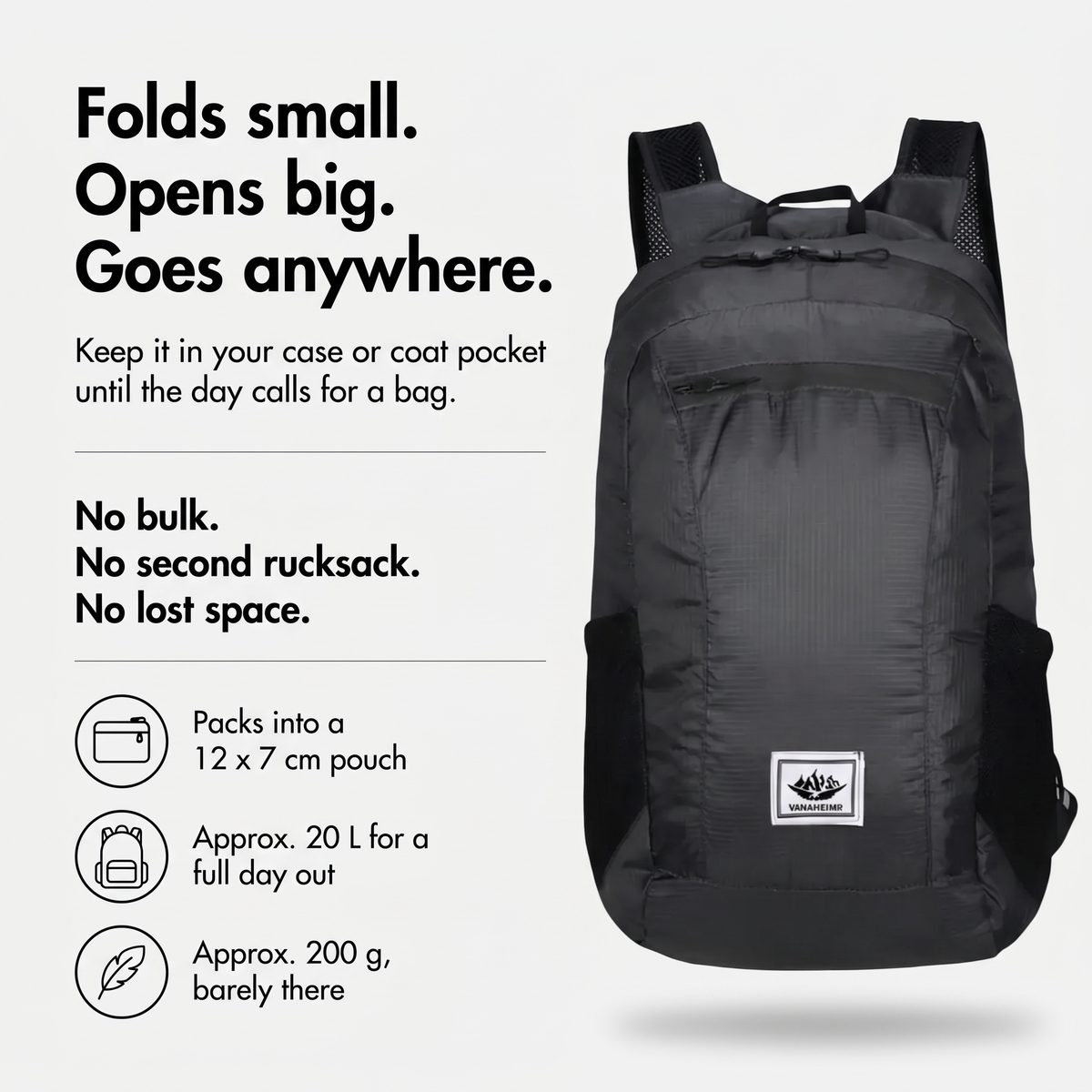 Foldable rucksack folds into a 12 x 7 cm pouch