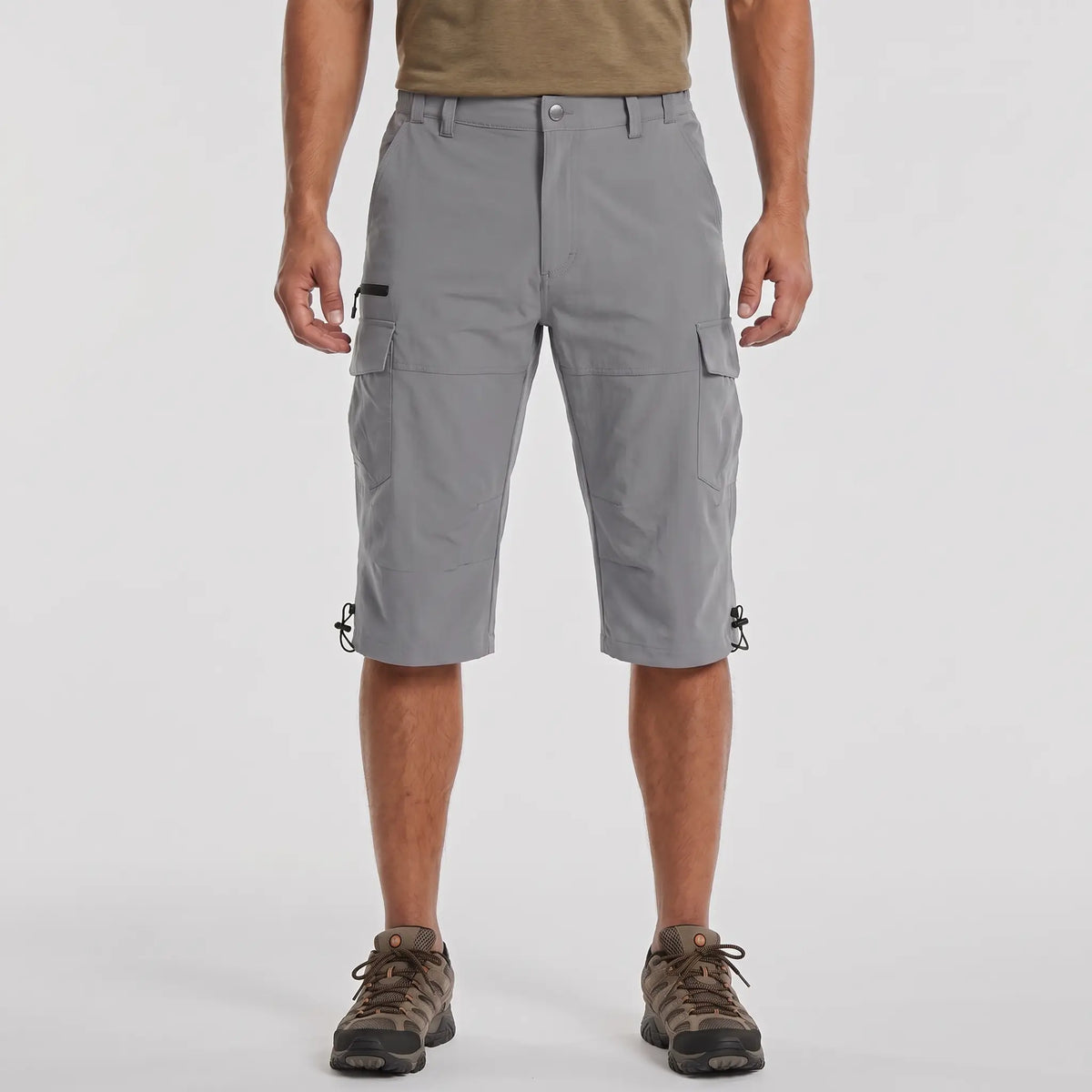 Grey 3/4 cargo shorts worn, front