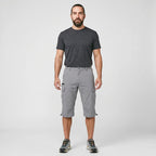 Man wearing grey 3/4 cargo shorts, full length