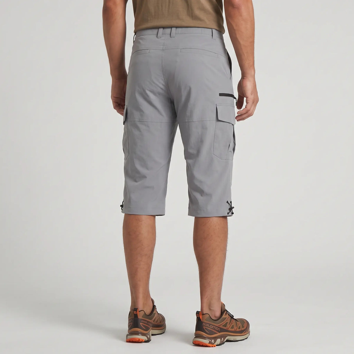 Grey 3/4 cargo shorts worn, back