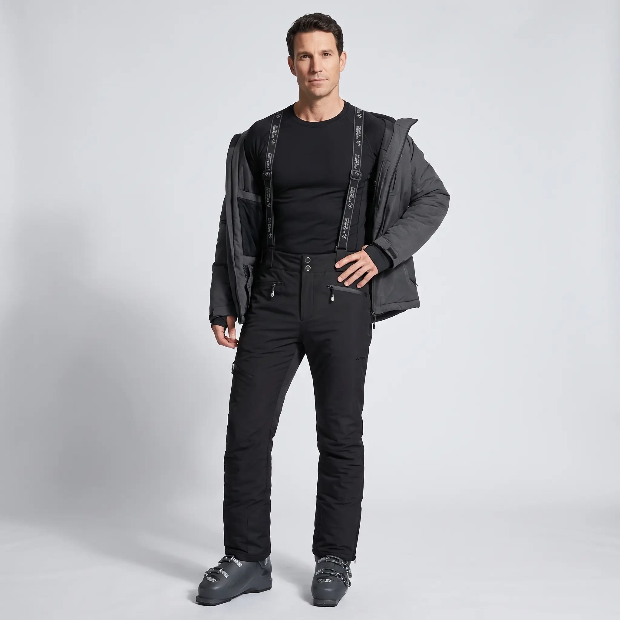 Model wearing black terrabound. ski trousers with base layer and open ski jacket
