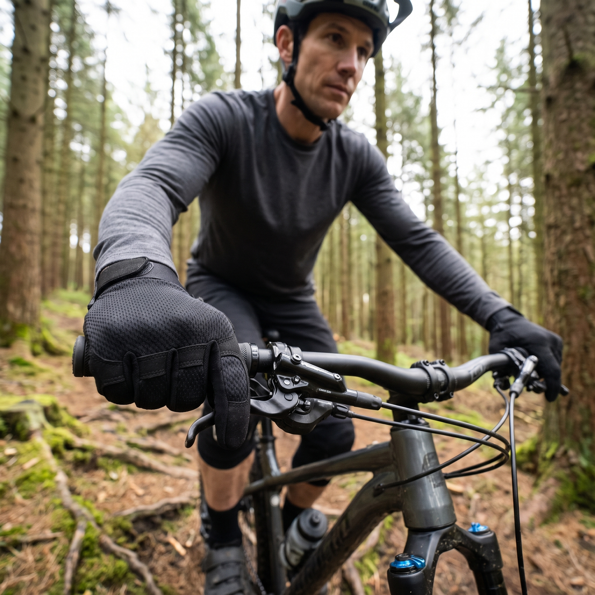 Gloved hands on mountain bike handlebars on a forest trail