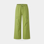 Women's wide leg walking trousers in lime green, front view, full length with a wide flared leg