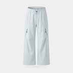 Women's wide leg walking trousers in ice blue, front view, showing the cord and toggle hem at each ankle