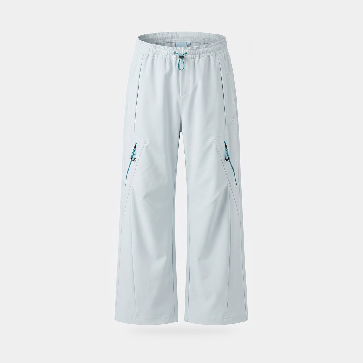 Women's wide leg walking trousers in ice blue, front view, showing the cord and toggle hem at each ankle