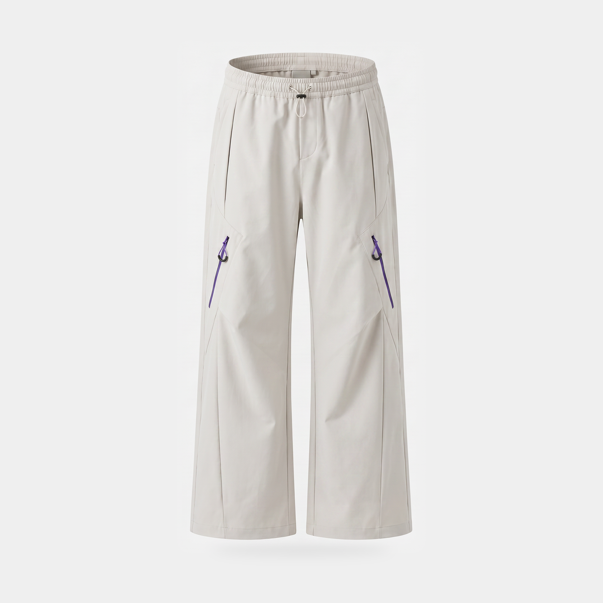 Women's wide leg walking trousers in light grey, front view, showing the open hand pockets at the side seam