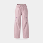 Women's wide leg walking trousers in blush pink, front view, showing the elasticated waistband and drawcord