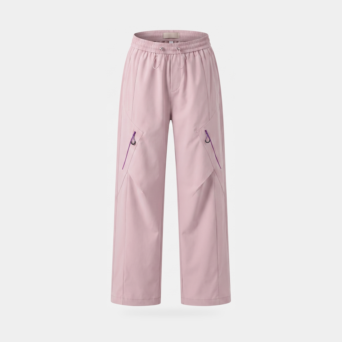 Women's wide leg walking trousers in blush pink, front view, showing the elasticated waistband and drawcord