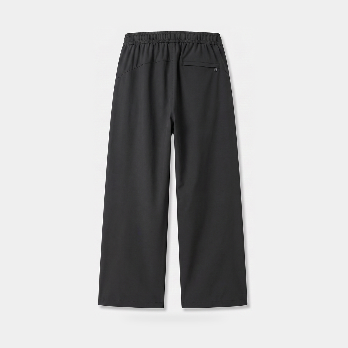 Back view of the women's wide leg walking trousers in black, showing the elasticated back waistband, the curved yoke seam and one rear zip pocket