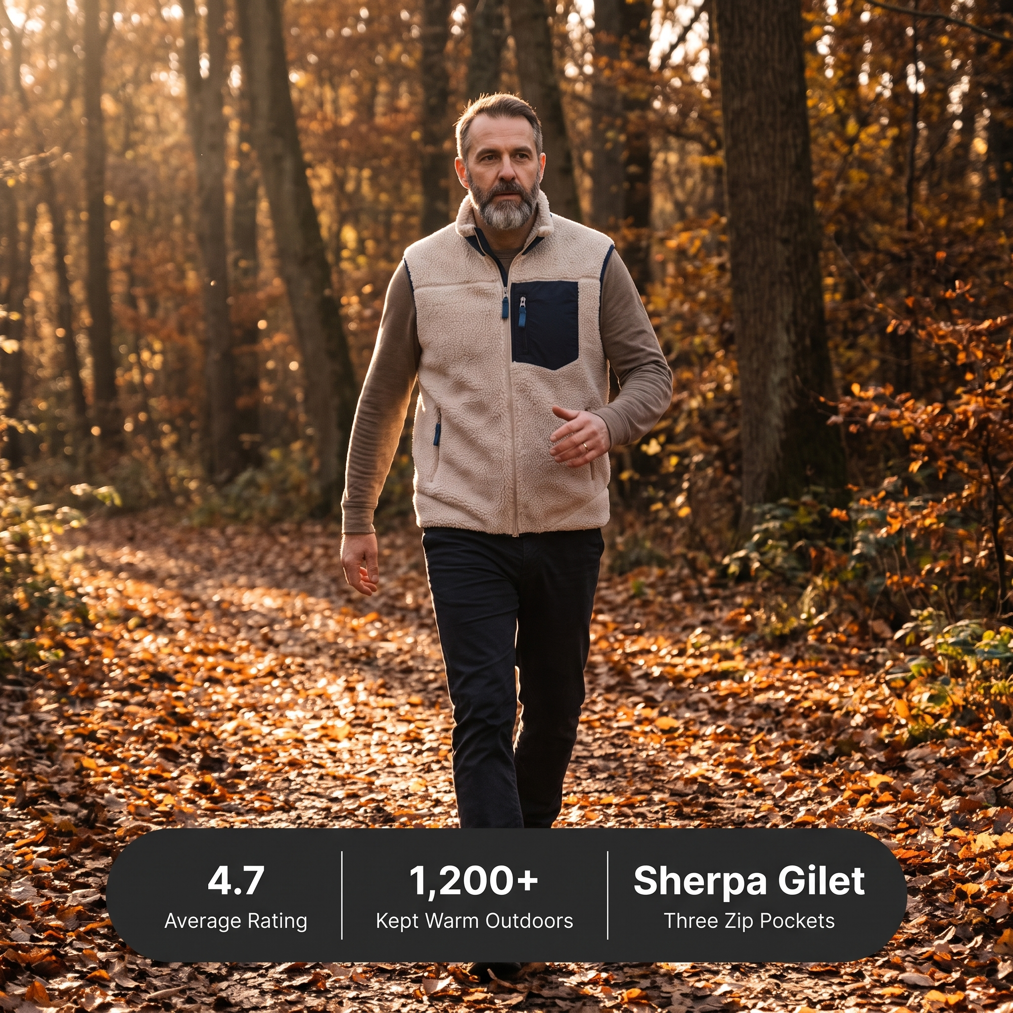Man wearing the sherpa fleece gilet on an autumn woodland path