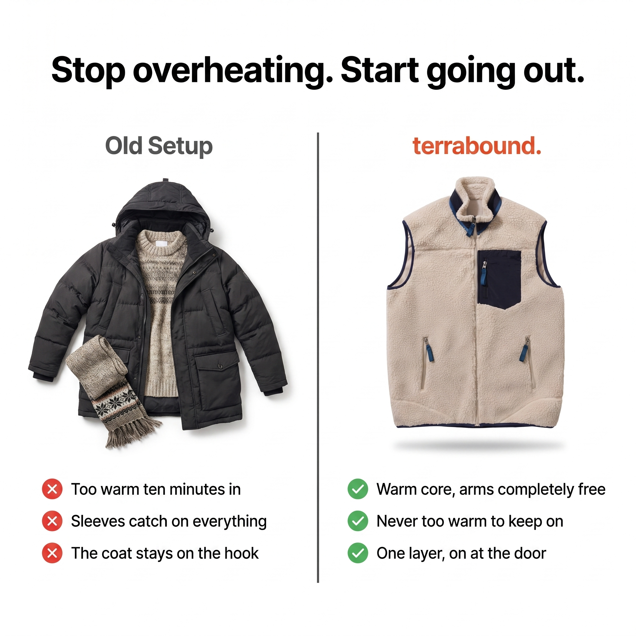 Sherpa fleece gilet compared with a bulky coat and jumper