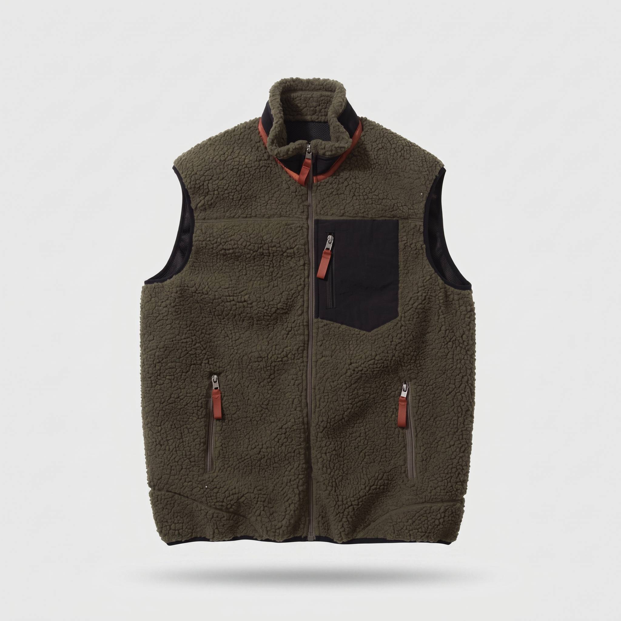 Men's sherpa fleece gilet in army green, front view