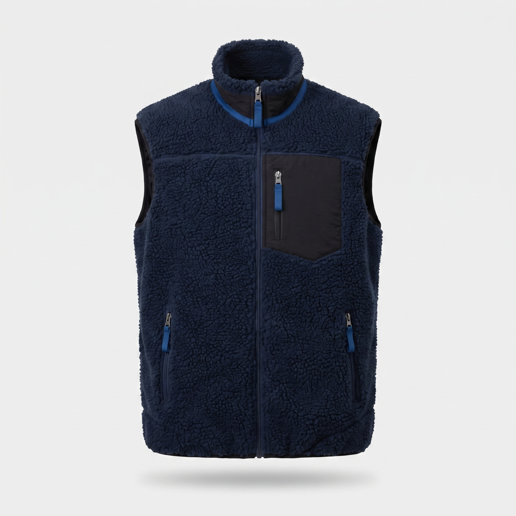 Men's sherpa fleece gilet in navy, front view