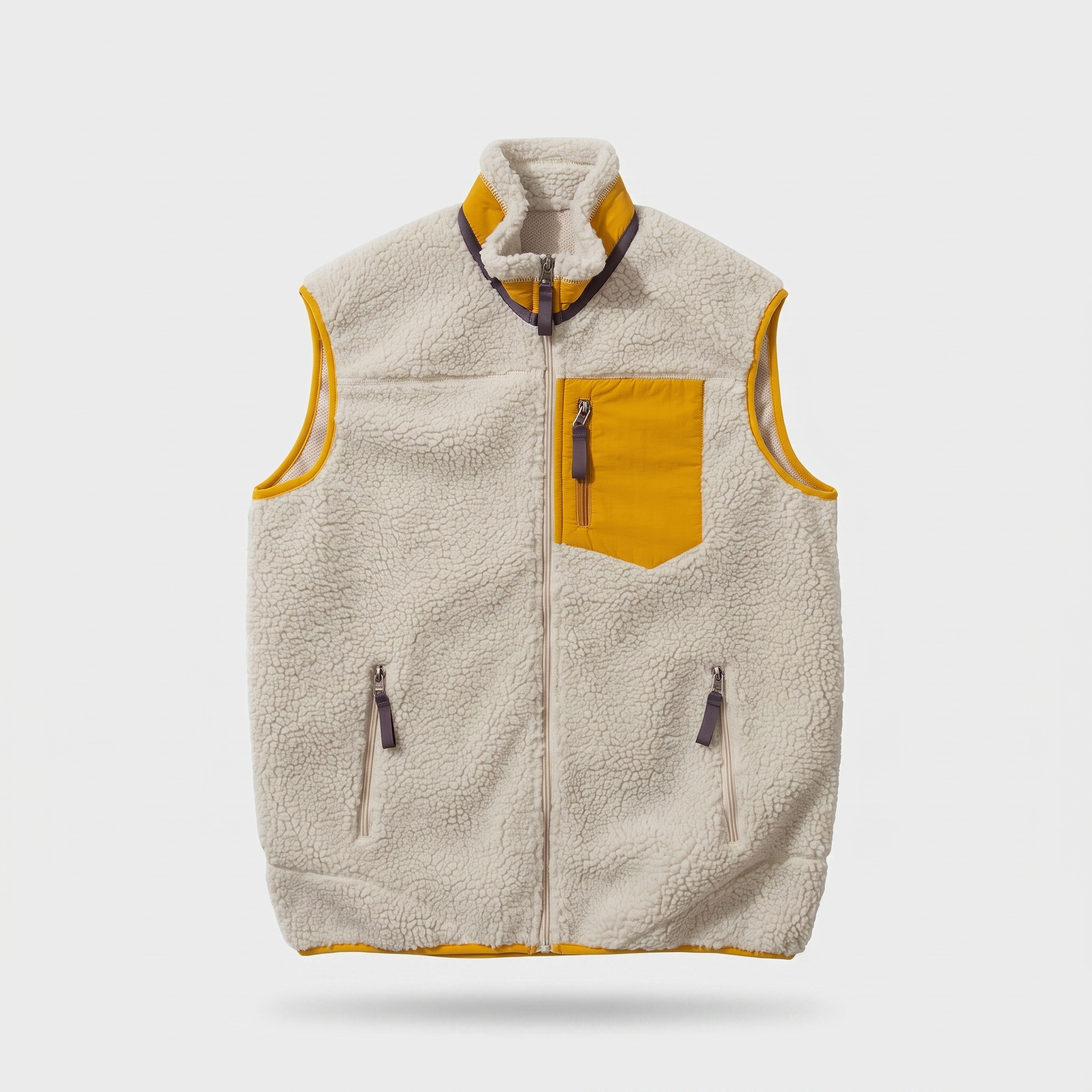 Men's sherpa fleece gilet in stone with ochre trim, front view