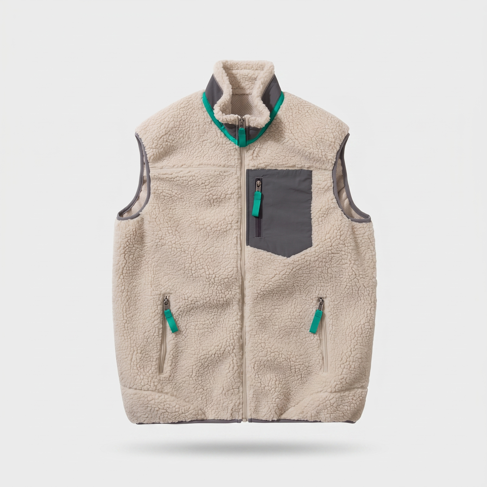 Men's sherpa fleece gilet in stone with grey pocket, front view