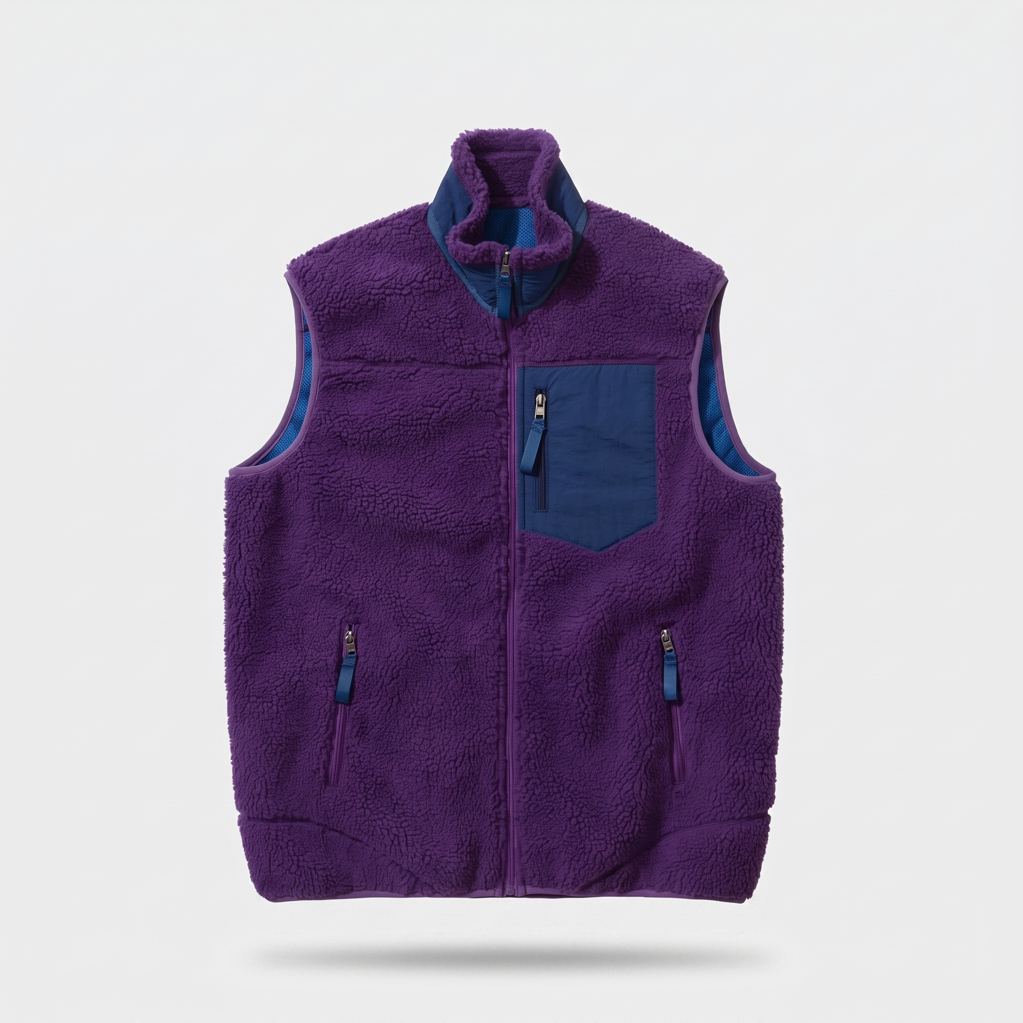 Men's sherpa fleece gilet in purple, front view