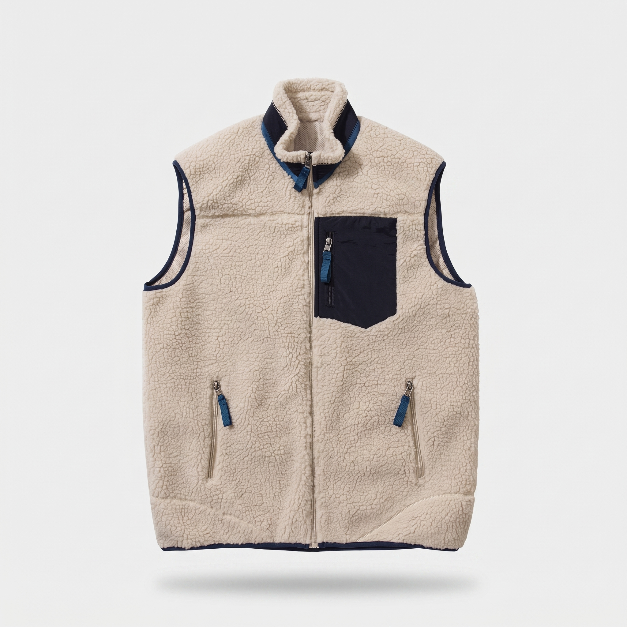 Men's sherpa fleece gilet in stone with navy chest pocket, front view