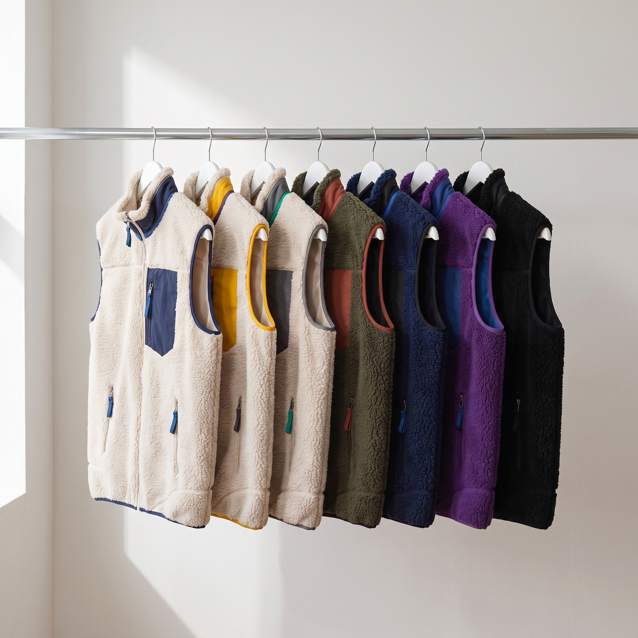 All seven sherpa fleece gilet colourways on a hanging rail