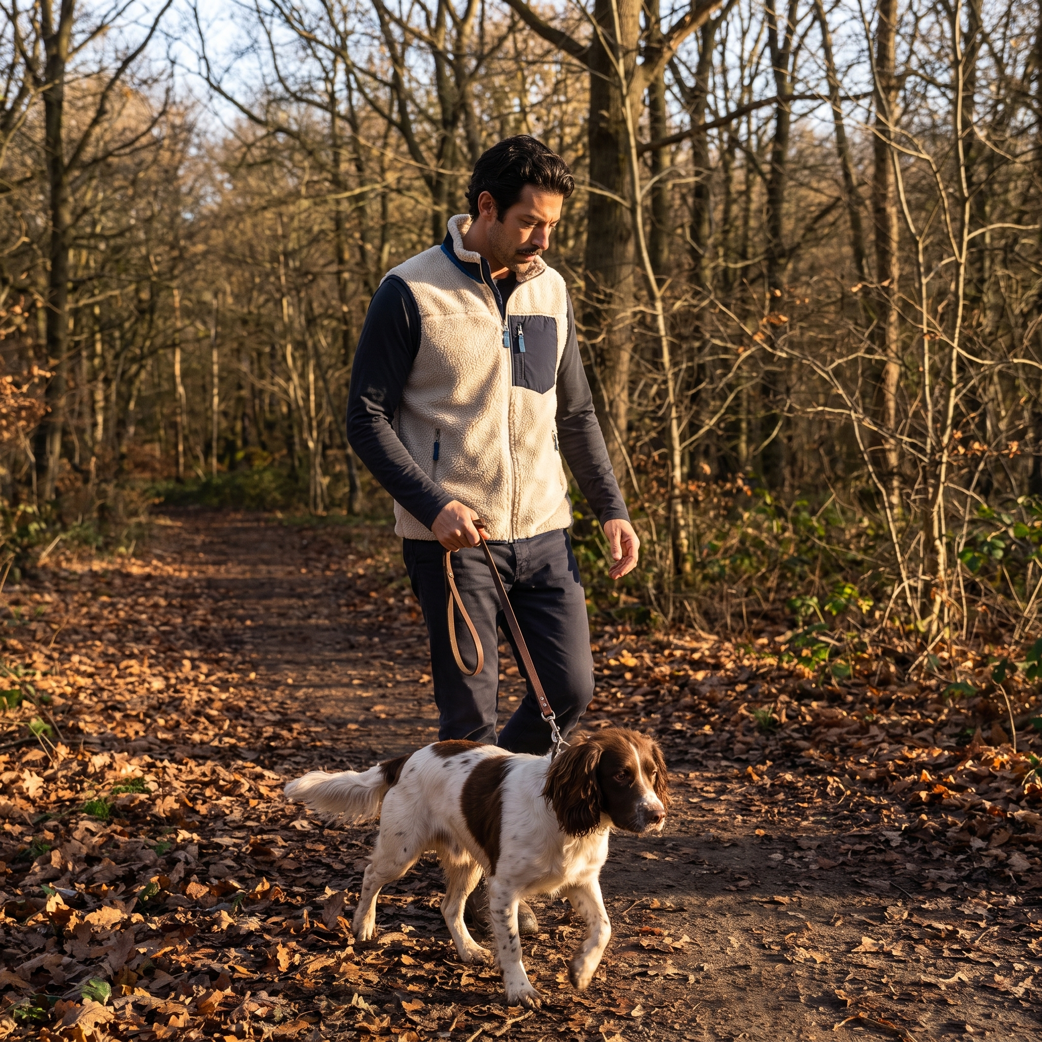 Man wearing the sherpa fleece gilet walking a dog on a woodland path