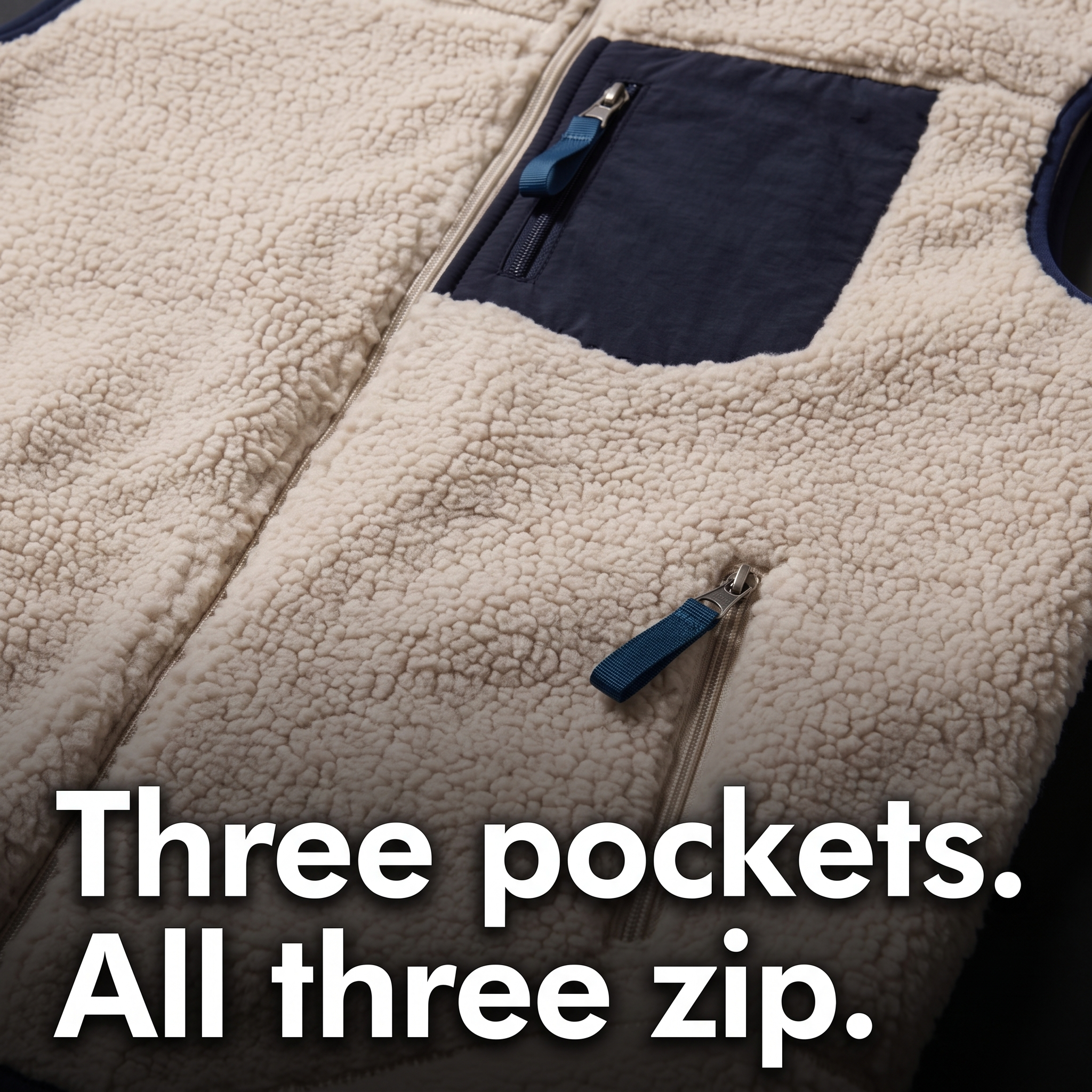 Close-up of the zipped chest and hand pockets on the sherpa fleece gilet