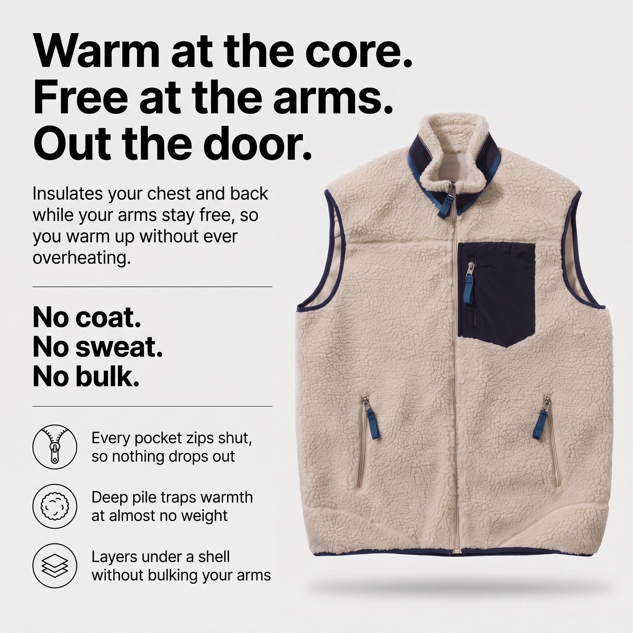 Sherpa fleece gilet features: warm core, free arms, three zip pockets
