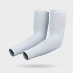 Mist Blue plain cuff UPF 50+ sun sleeves shown on a bent arm, pair