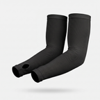 Black thumb loop UPF 50+ sun sleeves shown on a bent arm, pair
