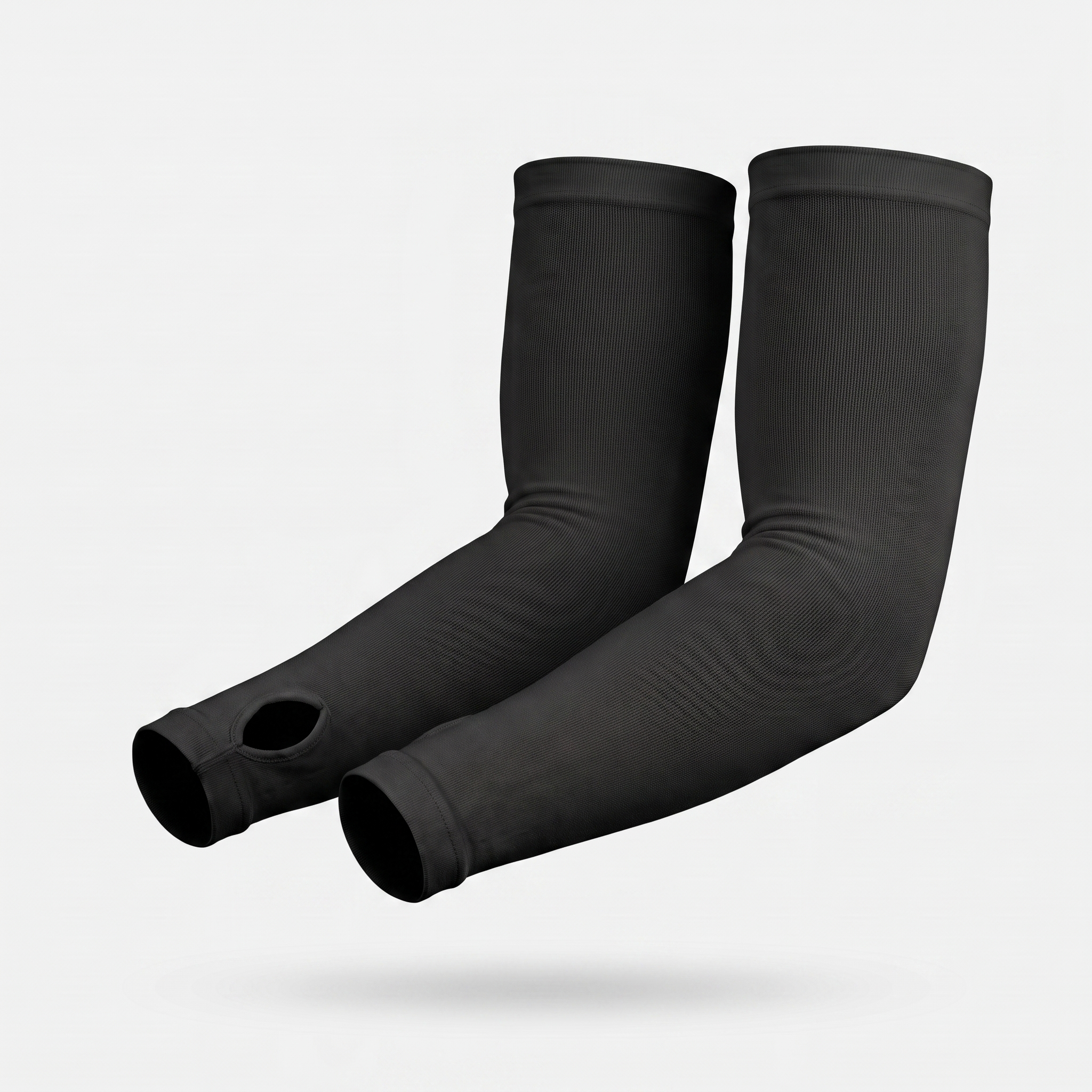 Black thumb loop UPF 50+ sun sleeves shown on a bent arm, pair