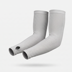 Grey thumb loop UPF 50+ sun sleeves shown on a bent arm, pair