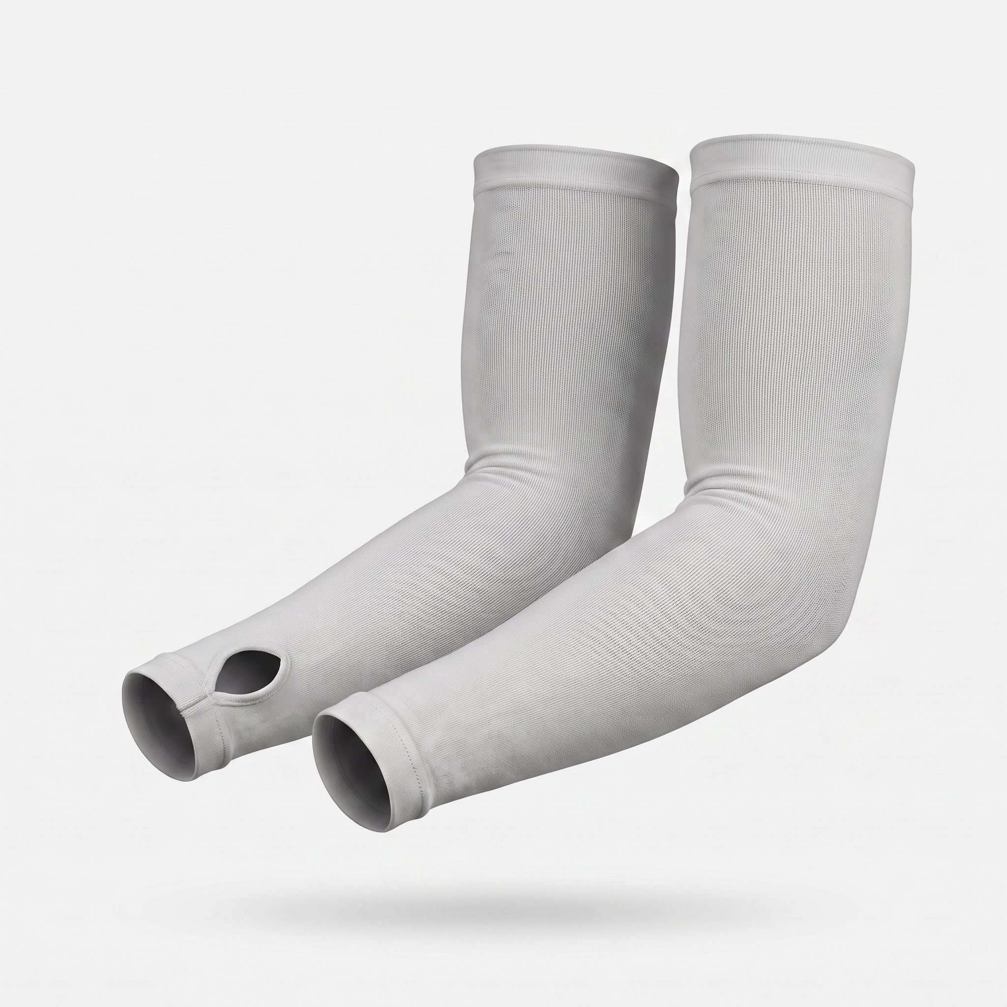Grey thumb loop UPF 50+ sun sleeves shown on a bent arm, pair