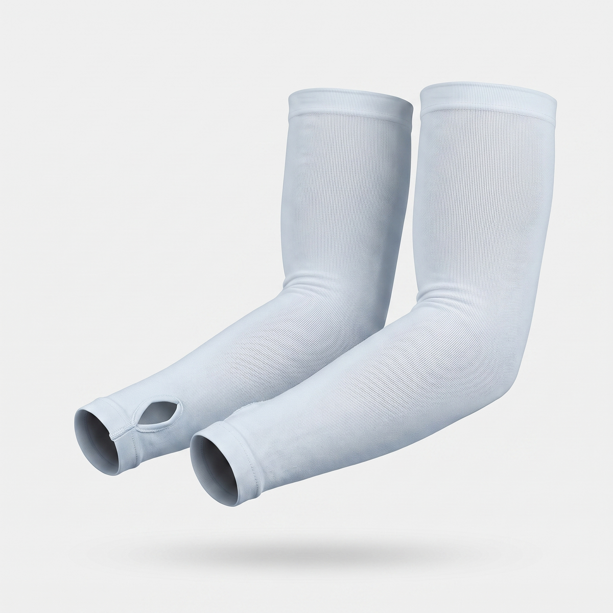 Mist Blue thumb loop UPF 50+ sun sleeves shown on a bent arm, pair