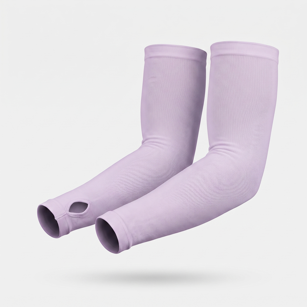 Smoke Purple thumb loop UPF 50+ sun sleeves shown on a bent arm, pair