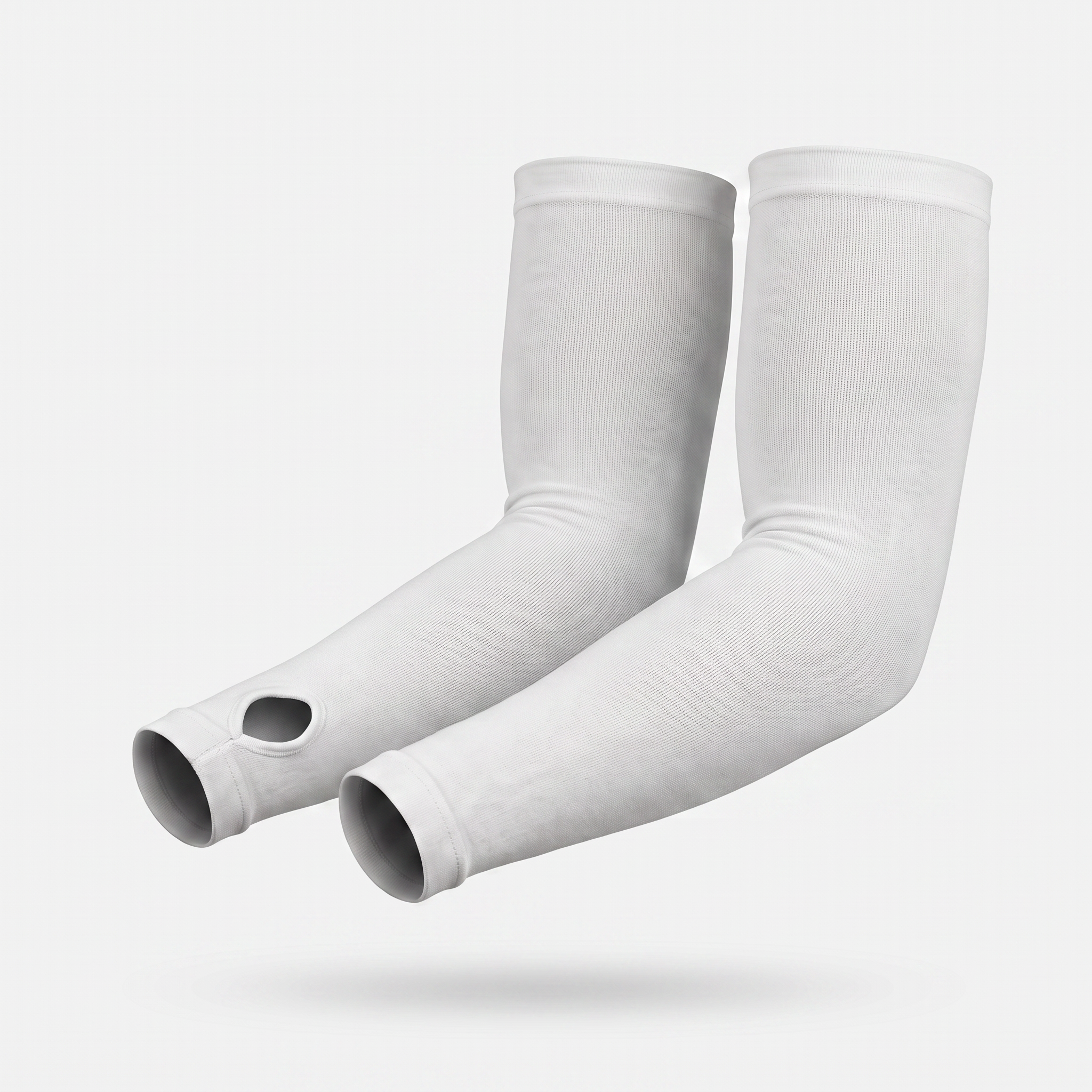 White thumb loop UPF 50+ sun sleeves shown on a bent arm, pair