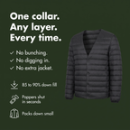 One collar, any layer, every time: Terrabound Men's Down Jacket in Black, collar shown open in the V setting
