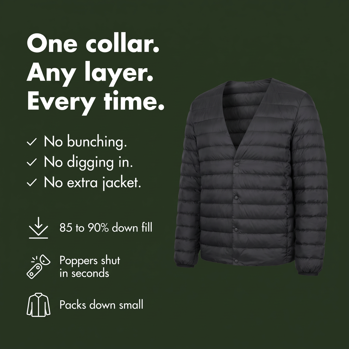 One collar, any layer, every time: Terrabound Men's Down Jacket in Black, collar shown open in the V setting