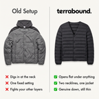 Old bulky fixed-collar liner bunched under a hoodie compared with the Terrabound Men's Down Jacket, collar open flat