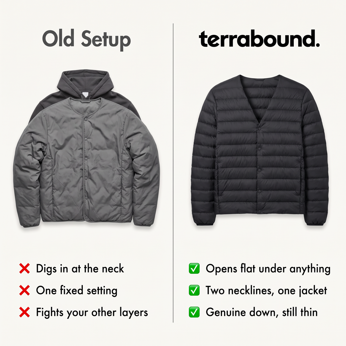 Old bulky fixed-collar liner bunched under a hoodie compared with the Terrabound Men's Down Jacket, collar open flat