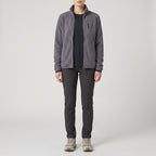 The grey fleece jacket worn open, front view