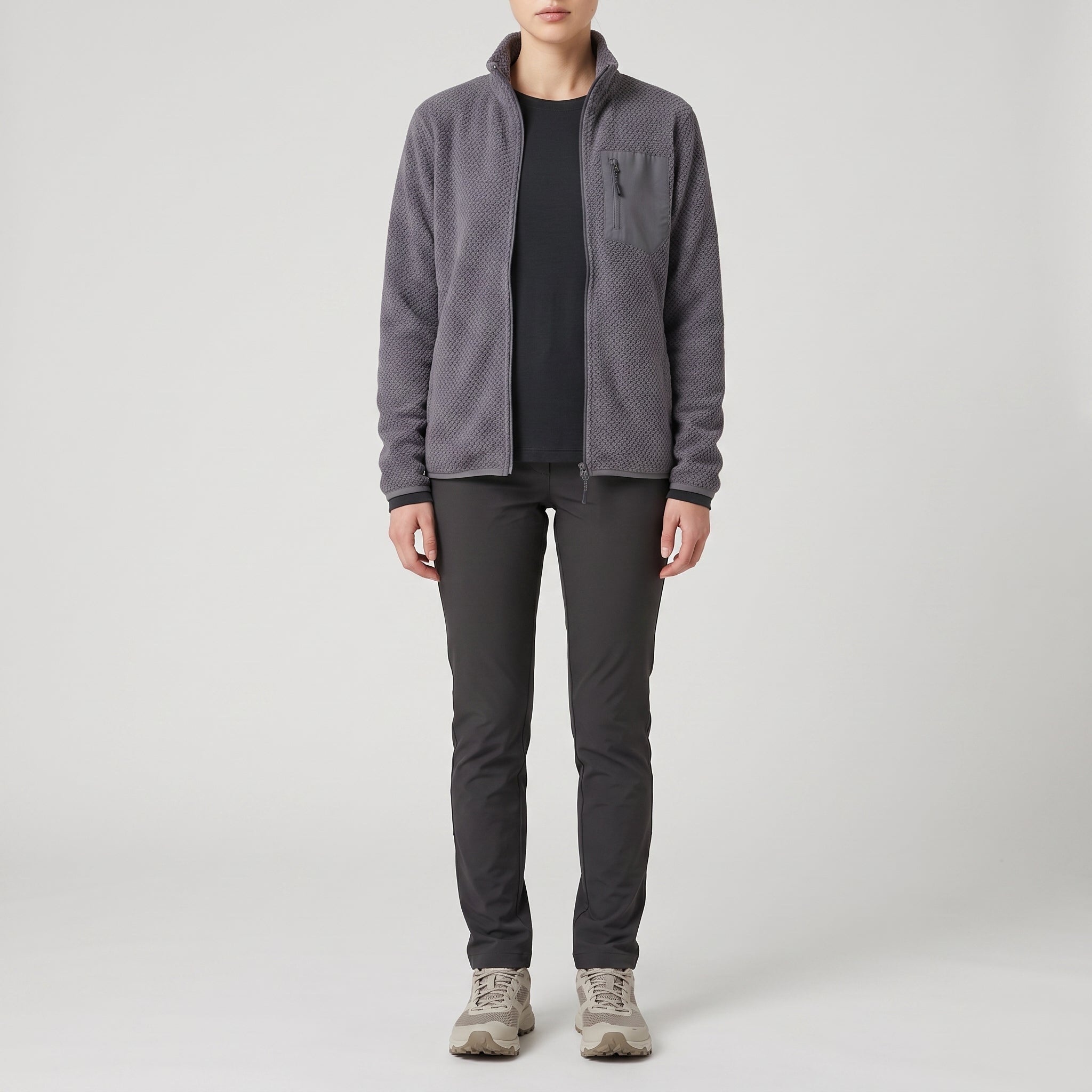 The grey fleece jacket worn open, front view