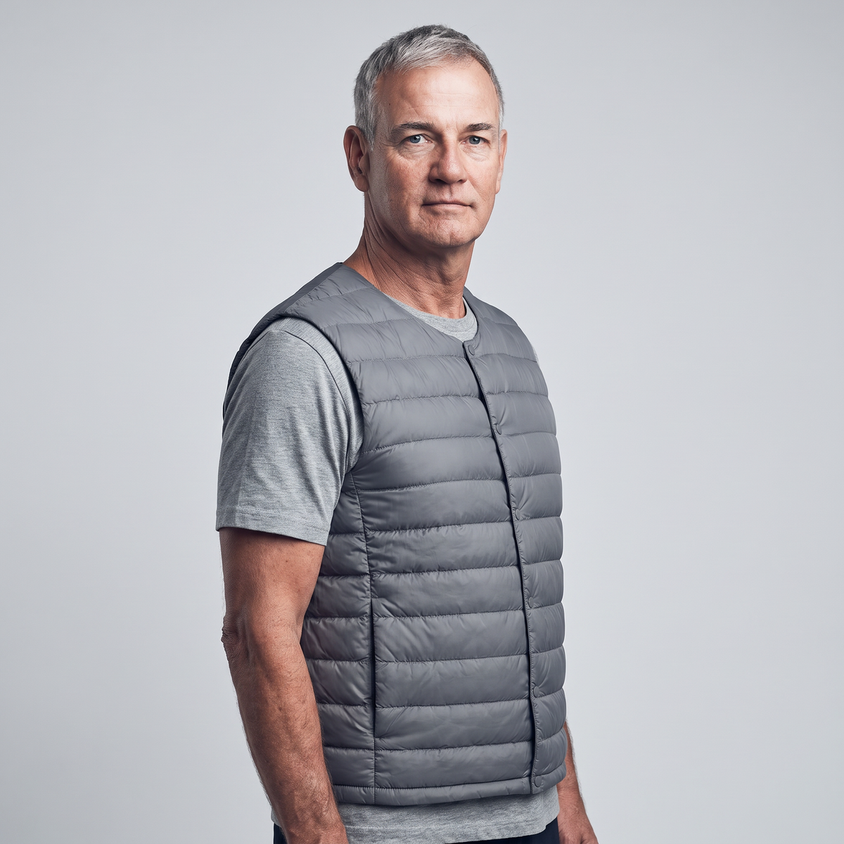 Men's Terrabound down gilet in Grey, three-quarter side view