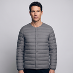 Terrabound Men's Down Jacket in Grey, convertible collar closed, worn front view