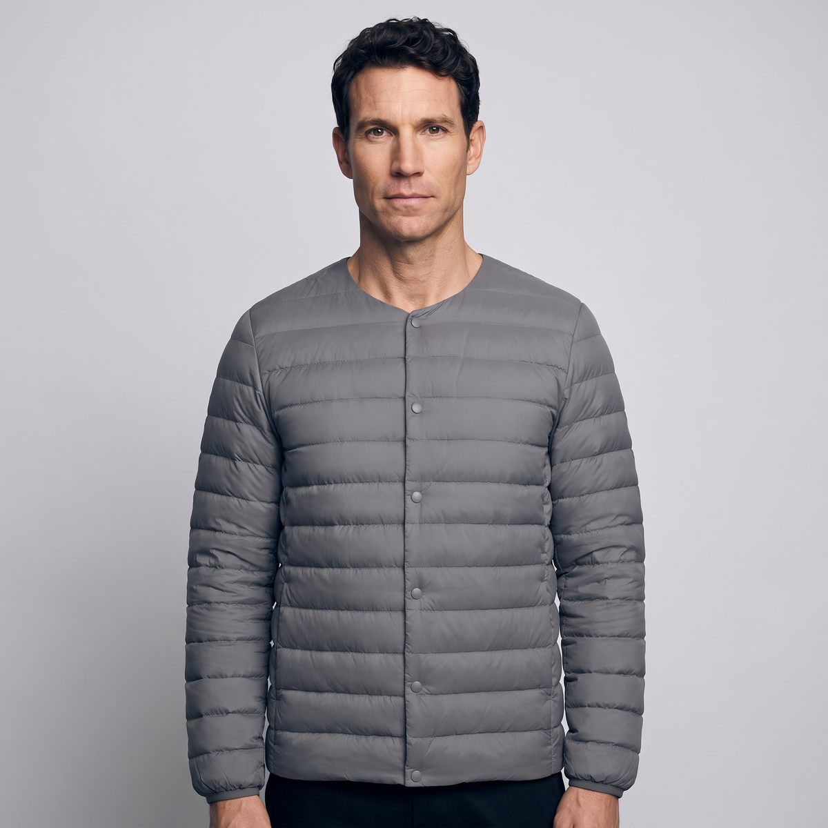 Terrabound Men's Down Jacket in Grey, convertible collar closed, worn front view