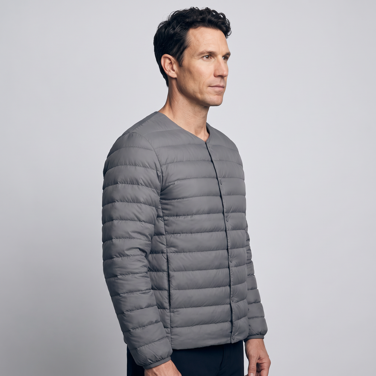 Terrabound Men's Down Jacket in Grey, three-quarter side view