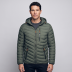 Men's puffer coat in Army Green worn by a model