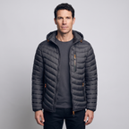 Men's puffer coat in Black worn by a model