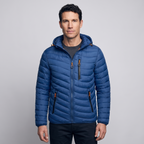 Men's puffer coat in Blue worn by a model