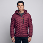 Men's puffer coat in Bordeaux worn by a model
