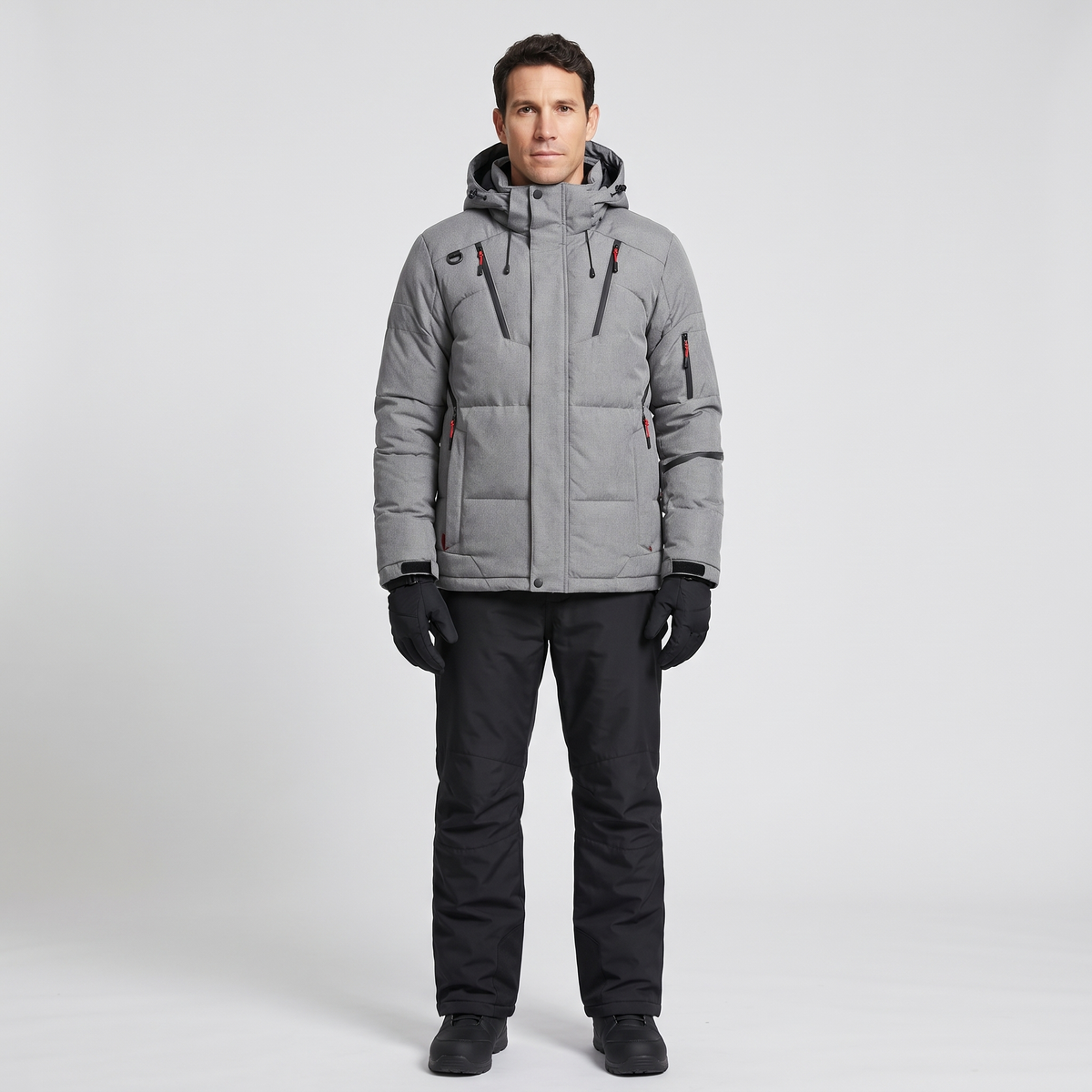Men's Ski Suit with Grey jacket and black ski trousers, worn full length