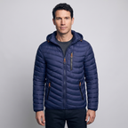 Men's puffer coat in Navy Blue worn by a model