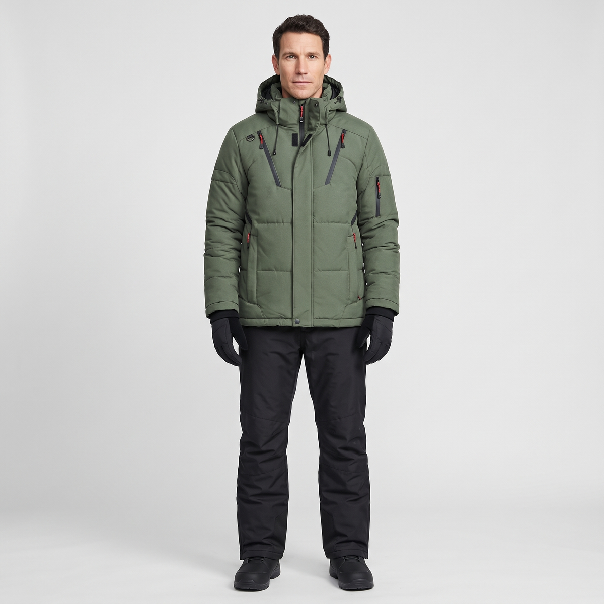 SUPERSEDED - Men's Ski Suit with Olive Green jacket and black ski trousers, worn full length